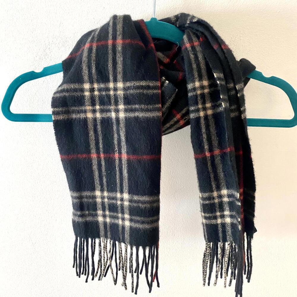 CHARTER CLUB 100% cashmere black red beige plaid fringe scarf